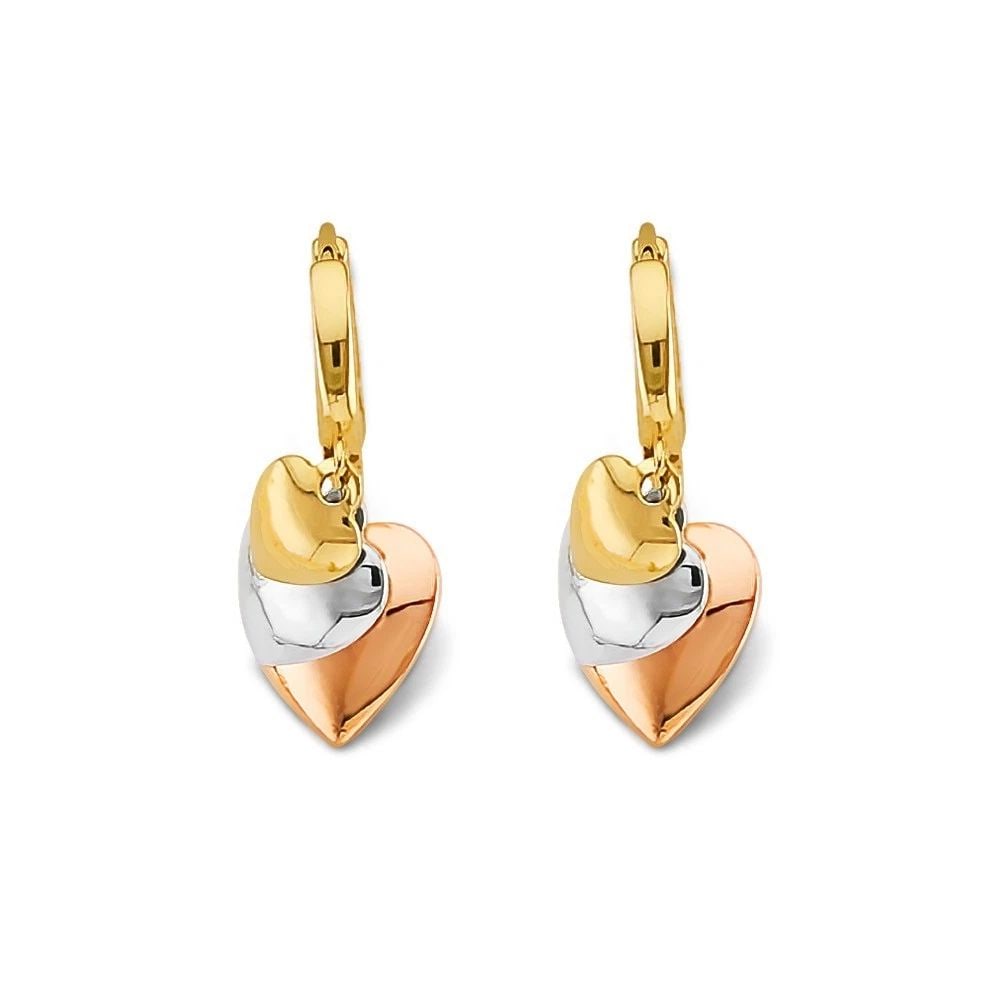 NEW 14K TRI COLOR GOLD HANGING HEARTS HUGGIES EARRINGS (1 of 2)