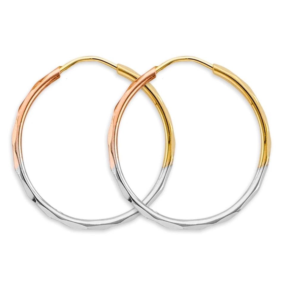 NEW 14K TRI COLOR GOLD 1.5MM FACETED ROUND HOOP EARRINGS (25MM) (1 of 1)