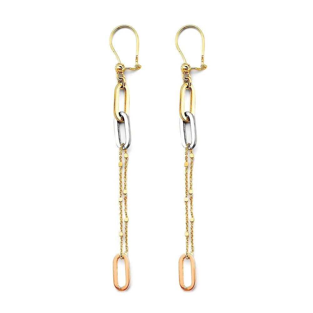 NEW 14K TRI COLOR GOLD PAPERCLIP EARRINGS WITH LEVERBACK: NEW 14K TRI COLOR GOLD PAPERCLIP EARRINGS WITH LEVERBACK PAPERCLIP EARRINGS WITH LEVERBACK NEW 14K TRI COLOR GOLD Height : 80 mm Width : 5 mm Weight : 2.2g
