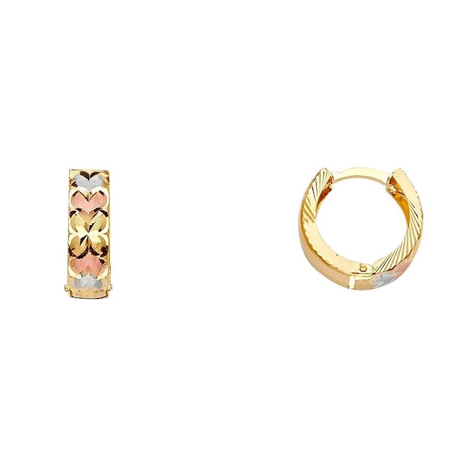 NEW 14K TRI COLOR GOLD HUGGIES EARRINGS: NEW 14K TRI COLOR GOLD HUGGIES EARRINGS HUGGIES EARRINGS NEW 14K TRI COLOR GOLD HEIGHT - 15 mm WIDTH - 10 mm Apx WEIGHT - 2.1 g