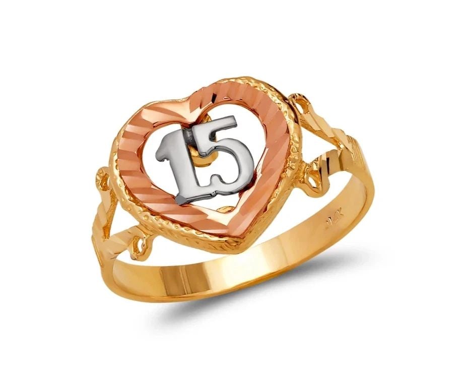NEW 14K TRICOLOR GOLD LADIES 15 ANOS FILIGREE RING: NEW 14K TRICOLOR GOLD LADIES 15 ANOS FILIGREE RING LADIES 15 ANOS FILIGREE RING NEW 14K TRICOLOR GOLD SIZE Apx: 12mm Apx. WEIGHT: 2.8g