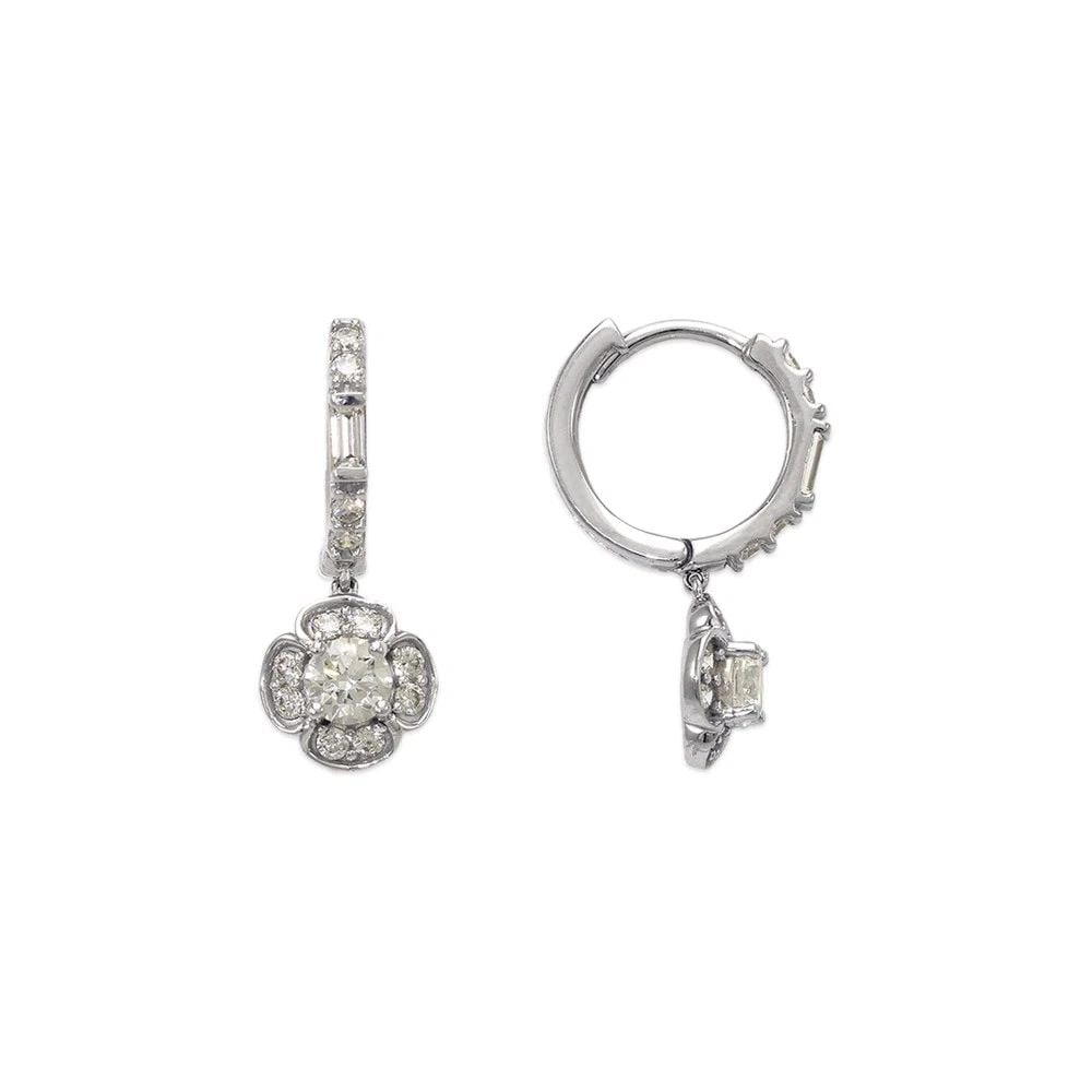 NEW 14K WHITE GOLD FANCY FLOWER HUGGIE EARRINGS: NEW 14K WHITE GOLD FANCY FLOWER HUGGIE EARRINGS FANCY FLOWER HUGGIE EARRINGS NEW 14K WHITE GOLD Width: Approx. 8x22mm Apx WEIGHT: 2.8g
