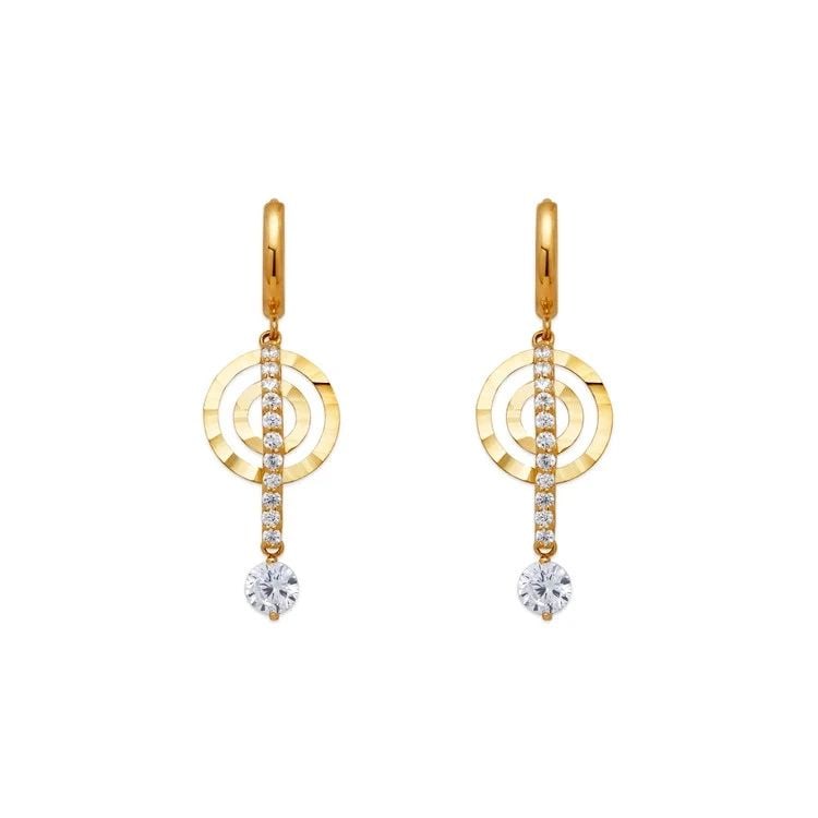 NEW 14K YELLOW GOLD FANCY DOUBLE CIRCLE DANGLING EARRINGS: NEW 14K YELLOW GOLD FANCY DOUBLE CIRCLE DANGLING EARRINGS FANCY DOUBLE CIRCLE DANGLING EARRINGS NEW 14K YELLOW GOLD Width: Approx. 13x36mm Apx WEIGHT: 2.8g