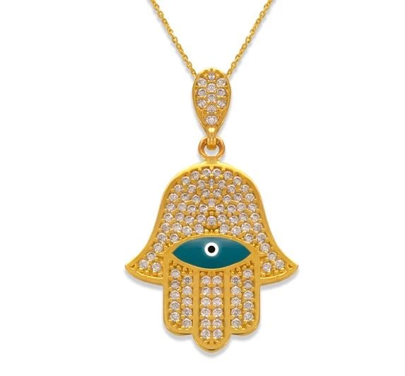 NEW 14K YELLOW GOLD FANCY HAND OF FATIMA EVIL EYE PENDANT: NEW 14K YELLOW GOLD FANCY HAND OF FATIMA EVIL EYE PENDANT FANCY HAND OF FATIMA EVIL EYE PENDANT NEW 14K YELLOW GOLD Apx. WIDTH: 9.5x22.5mm Apx WEIGHT: 2.8g