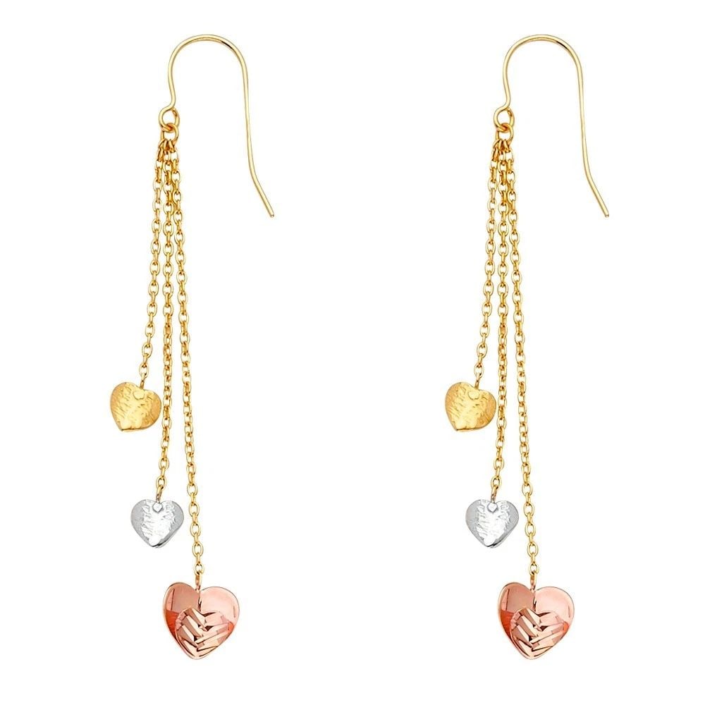 NEW 14K TRI COLOR GOLD 3HEARTS HANGING EARRINGS: NEW 14K TRI COLOR GOLD 3HEARTS HANGING EARRINGS 3HEARTS HANGING EARRINGS NEW 14K TRI COLOR GOLD HEIGHT - 61 mm WIDTH - 7 mm Apx WEIGHT - 2.1 g