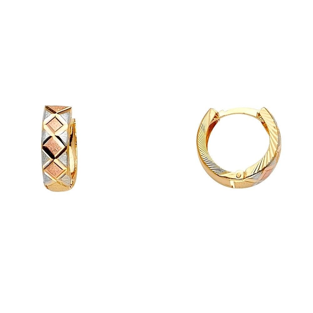 NEW 14K TRI COLOR GOLD HUGGIES EARRINGS: NEW 14K TRI COLOR GOLD HUGGIES EARRINGS HUGGIES EARRINGS NEW 14K TRI COLOR GOLD HEIGHT - 15 mm WIDTH - 15 mm Apx WEIGHT - 2.1 g