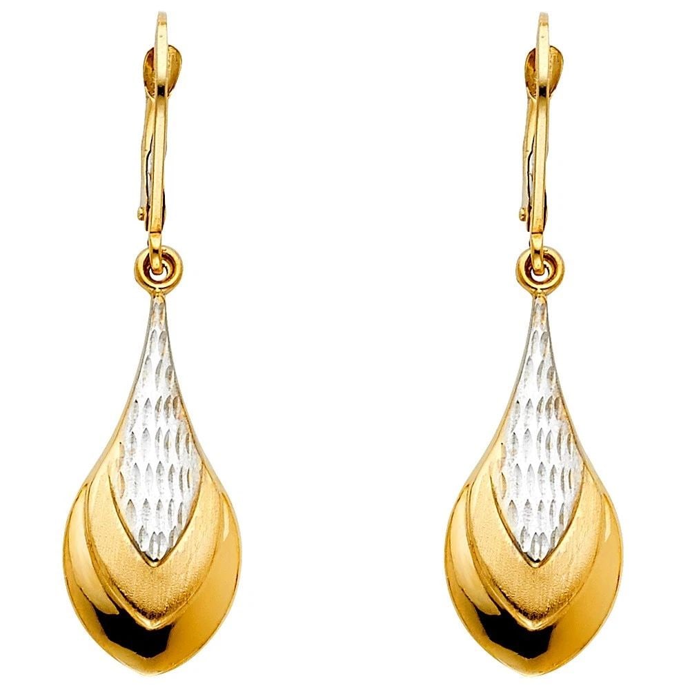 NEW 14K TWO TONE GOLD TEAR DROP HOLLOW EARRINGS WITH LEVER BACK (1 of 2)