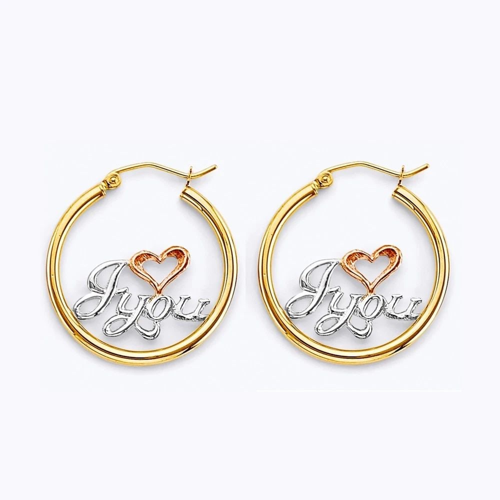 NEW 14K TRI COLOR GOLD I LOVE YOU HOOP EARRINGS: NEW 14K TRI COLOR GOLD I LOVE YOU HOOP EARRINGS I LOVE YOU HOOP EARRINGS NEW 14K TRI COLOR GOLD Height : 25 mm Width : 25 mm Weight : 2.1g
