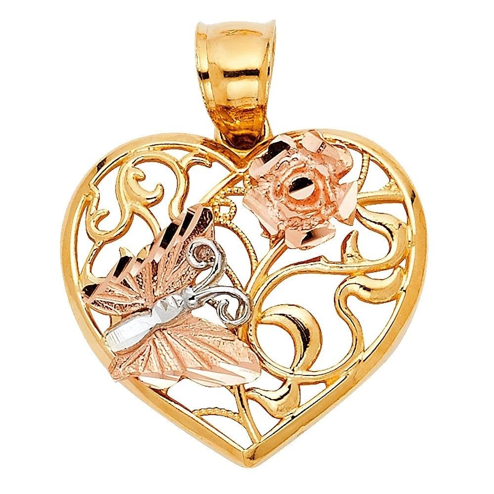 NEW 14K TRI COLOR GOLD HEART WITH BUTTERFLY PENDANT (1 of 2)
