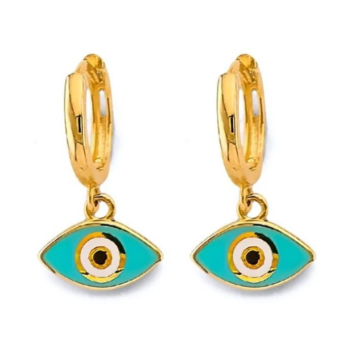 NEW 14K YELLOW GOLD TURQUOISE EVIL EYE HUGGIES EARRINGS (1 of 1)