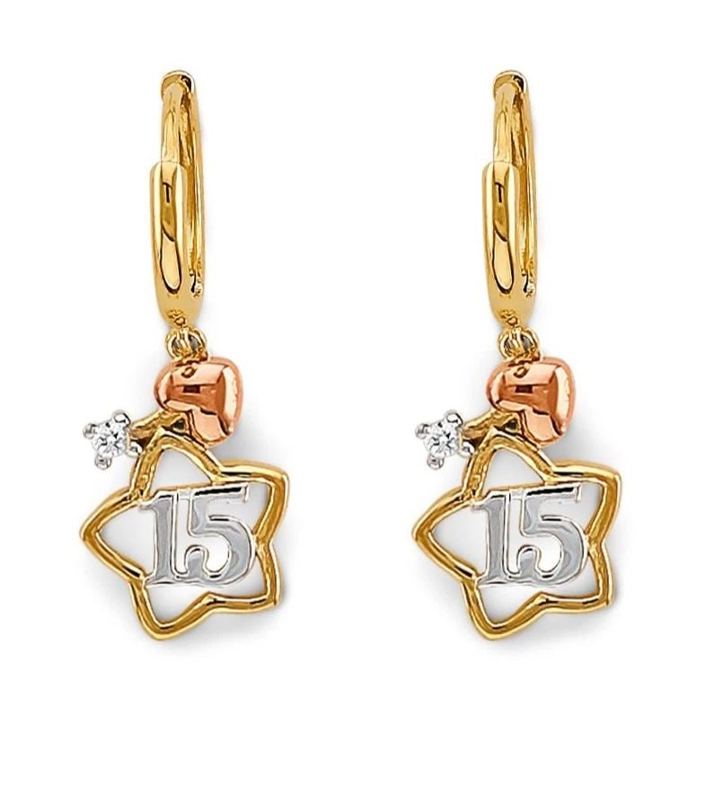 NEW 14K TRI COLOR GOLD STAR 15 YEARS HUGGIES EARRINGS: NEW 14K TRI COLOR GOLD STAR 15 YEARS HUGGIES EARRINGS STAR 15 YEARS HUGGIES EARRINGS NEW 14K TRI COLOR GOLD Height : 25 mm Width : 10 mm Weight : 2g