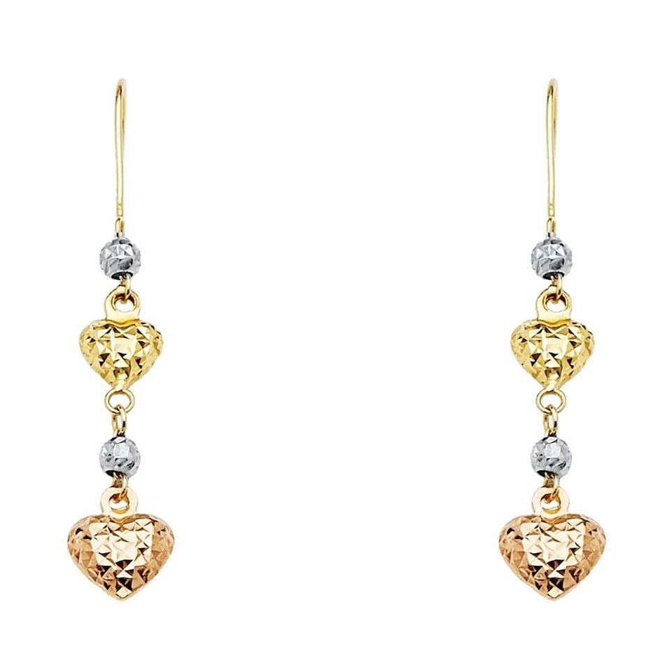 NEW 14K TRI COLOR GOLD HEART FRONT & BACK DANGLE EARRINGS (1 of 1)