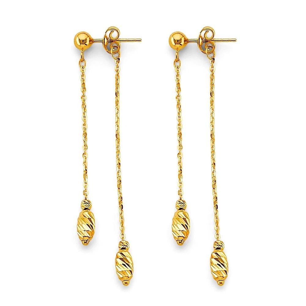 NEW 14K YELLOW GOLD HANGING DOUBLE CHAIN WITH BALL EARRINGS: NEW 14K YELLOW GOLD HANGING DOUBLE CHAIN WITH BALL EARRINGS HANGING DOUBLE CHAIN WITH BALL EARRINGS NEW 14K YELLOW GOLD HEIGHT - 55 mm WIDTH - 3 mm Apx WEIGHT - 2 g