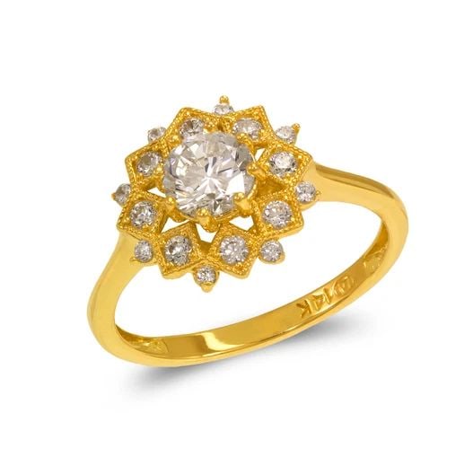 NEW 14K YELLOW GOLD LADIES FANCY SOLITAIRE FLOWER HALO RING: NEW 14K YELLOW GOLD LADIES FANCY SOLITAIRE FLOWER HALO RING LADIES FANCY SOLITAIRE FLOWER HALO RING NEW 14K YELLOW GOLD Apx. SIZE: 5mm Apx. WEIGHT: 2.7g