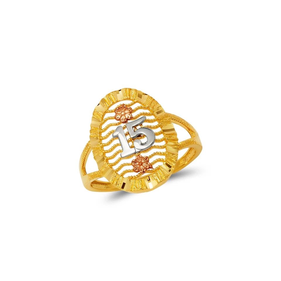 NEW 14K TRICOLOR GOLD LADIES 15 ANOS FILIGREE RING: NEW 14K TRICOLOR GOLD LADIES 15 ANOS FILIGREE RING LADIES 15 ANOS FILIGREE RING NEW 14K TRICOLOR GOLD SIZE Apx: 17mm Apx. WEIGHT: 2.7g