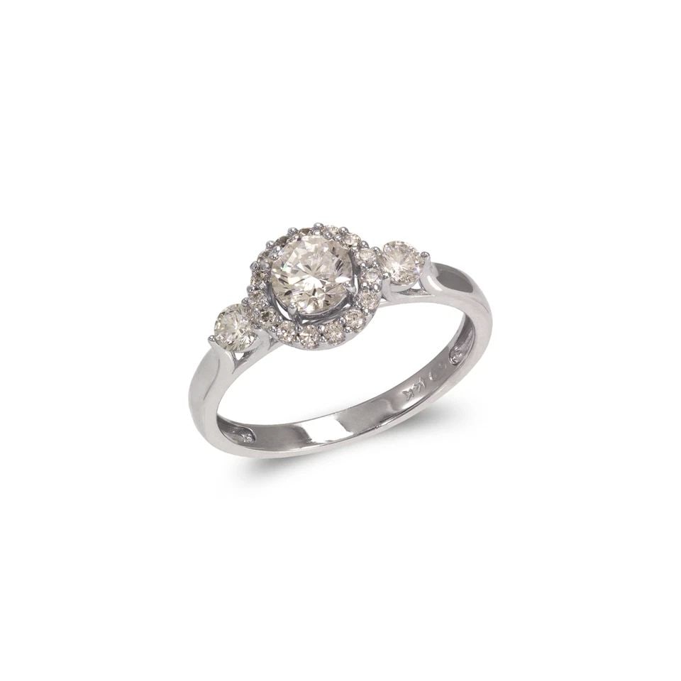 NEW 14K WHITE GOLD LADIES FANCY WHITE SOLITAIRE HALO RING: NEW 14K WHITE GOLD LADIES FANCY WHITE SOLITAIRE HALO RING LADIES FANCY WHITE SOLITAIRE HALO RING NEW 14K WHITE GOLD Apx. WIDTH: 5mm Apx. WEIGHT: 2.7g