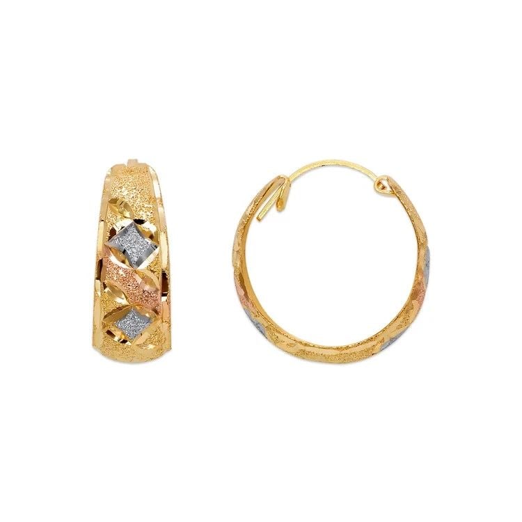 NEW 14K TRICOLOR GOLD D/C HUGGIE EARRINGS: NEW 14K TRICOLOR GOLD D/C HUGGIE EARRINGS D/C HUGGIE EARRINGS NEW 14K TRICOLOR GOLD Width: Approx. 8x20mm Apx WEIGHT: 2.7g