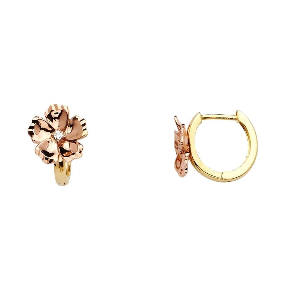 NEW 14K TWO TONE GOLD FLOWER HUGGIES EARRINGS (1 of 2)