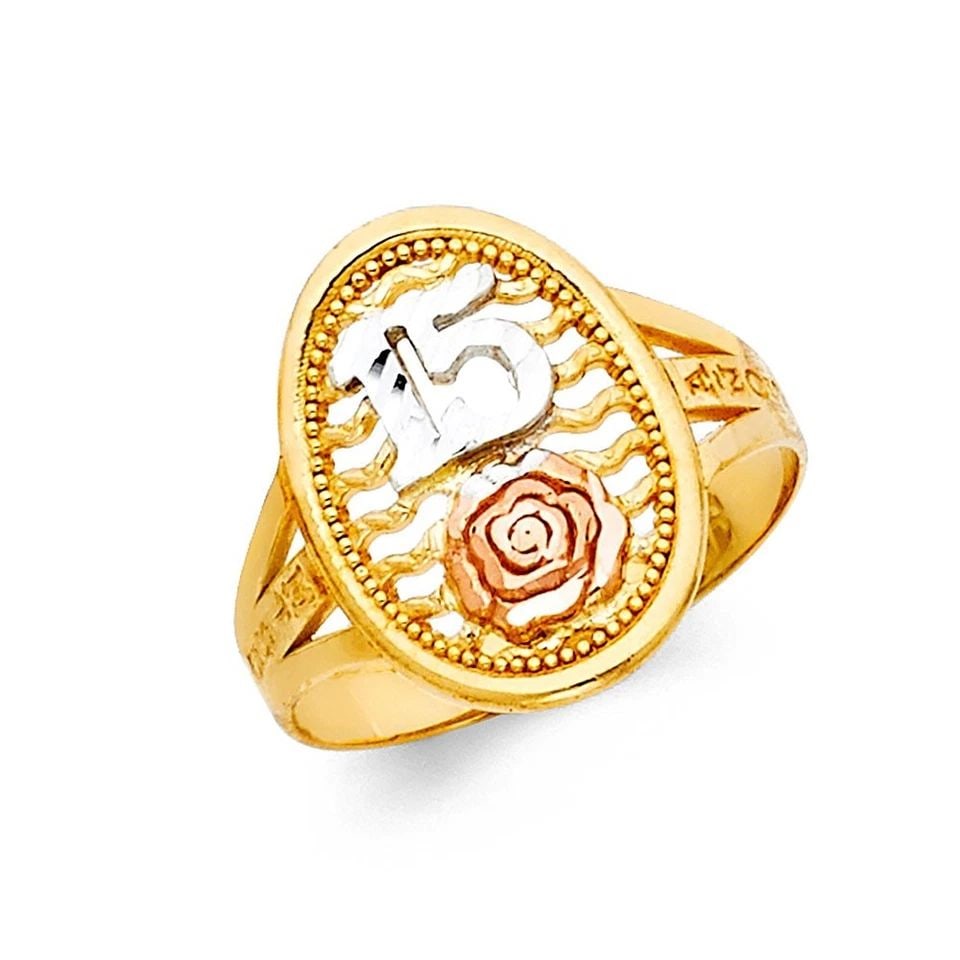 NEW 14K TRI COLOR GOLD 15 YEARS RING: NEW 14K TRI COLOR GOLD 15 YEARS RING 15 YEARS RING NEW 14K TRI COLOR GOLD WIDTH: 17 mm Average Apx. WEIGHT: 2.7g