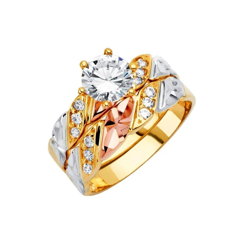 NEW 14K TRI COLOR GOLD ENGAGEMENT RING/TRIO SET: NEW 14K TRI COLOR GOLD CZ ENGAGEMENT RING/TRIO SET CZ ENGAGEMENT RING/TRIO SET NEW 14K TRI COLOR GOLD WIDTH : Average Apx WEIGHT : 2.7g