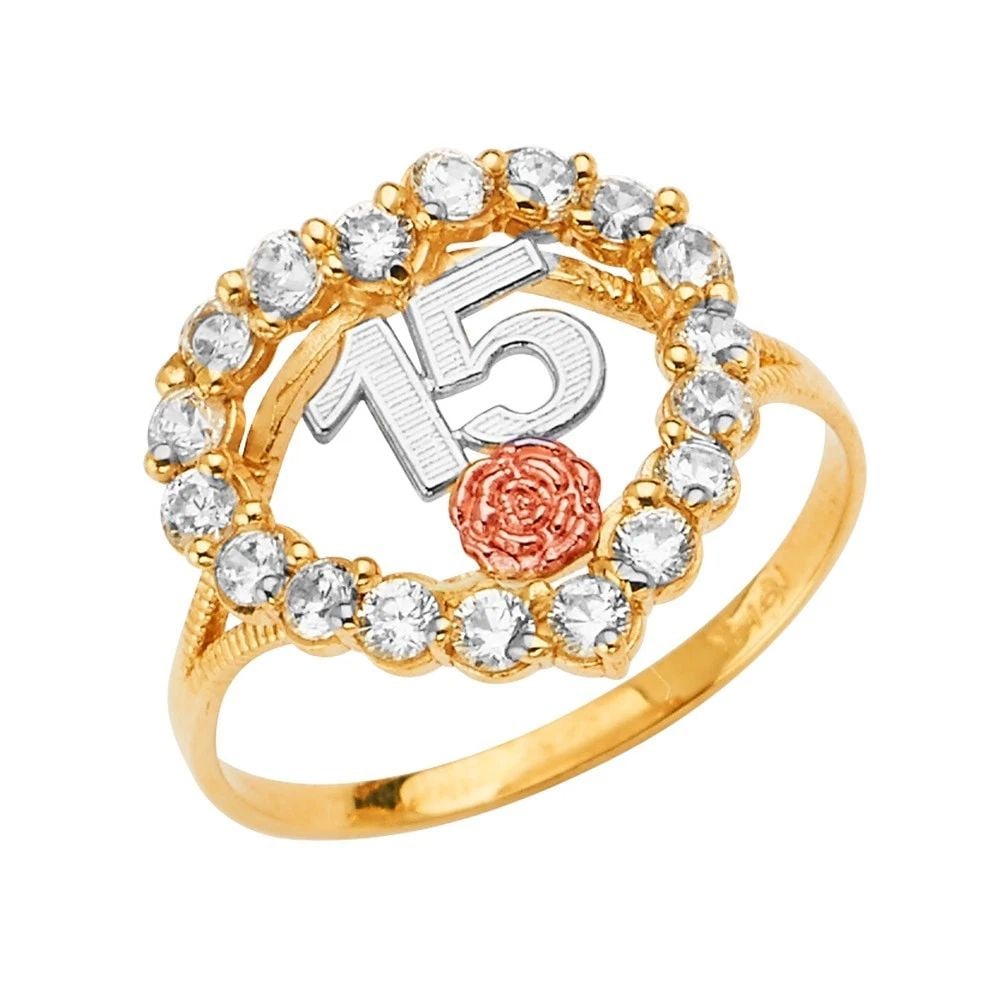 NEW 14K TRI COLOR GOLD 15 YEARS HEART RING: NEW 14K TRI COLOR GOLD 15 YEARS HEART RING 15 YEARS HEART RING NEW 14K TRI COLOR GOLD WIDTH : Average Apx WEIGHT : 2.7g