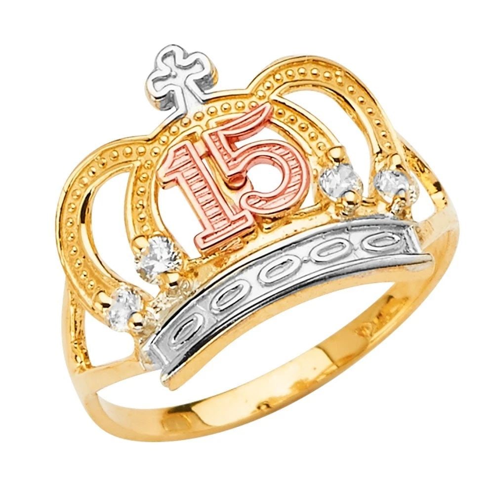 NEW 14K TRI COLOR GOLD 15 YEARS CROWN RING: NEW 14K TRI COLOR GOLD 15 YEARS CROWN RING 15 YEARS CROWN RING NEW 14K TRI COLOR GOLD WIDTH : Average Apx WEIGHT : 2.7g
