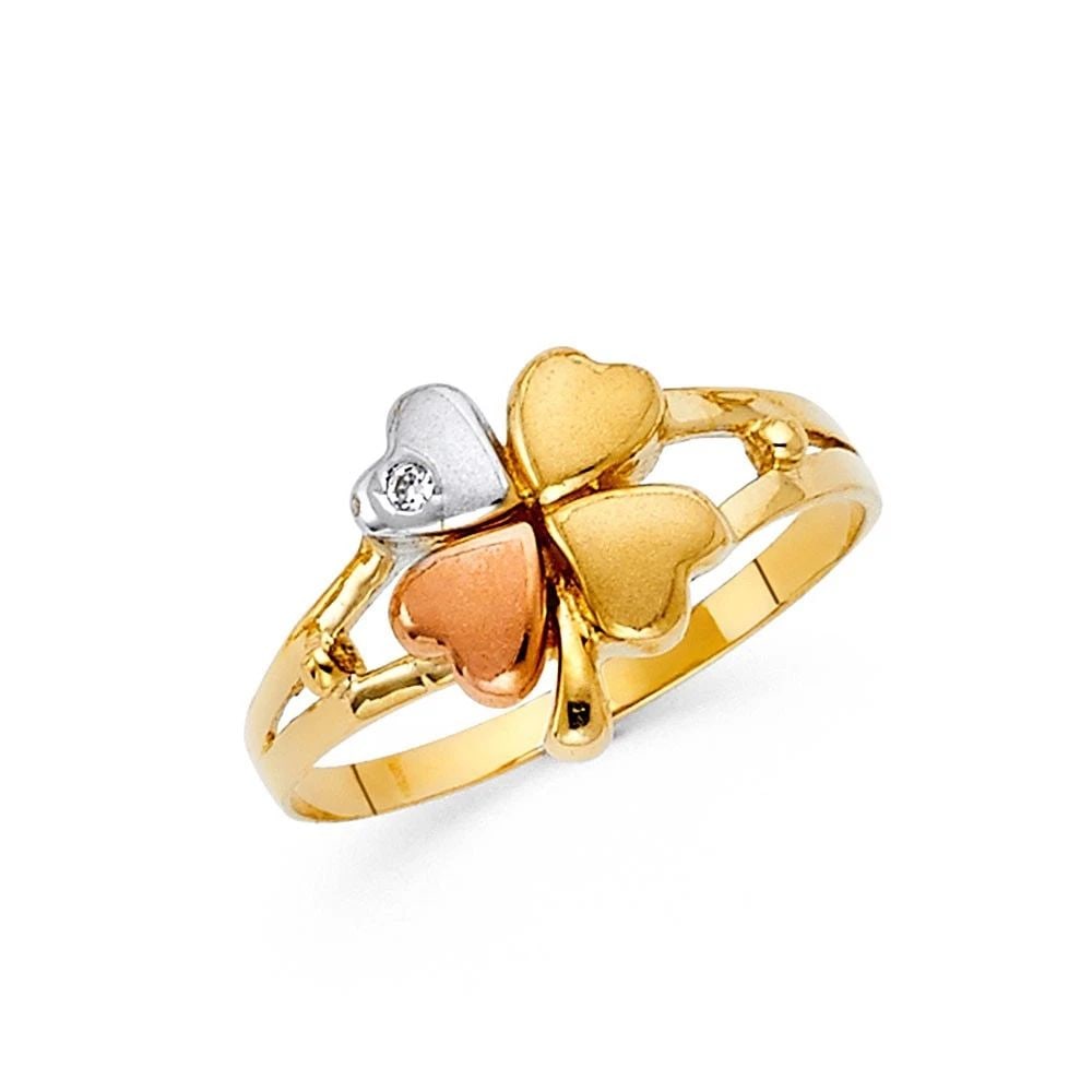 NEW 14K TRI COLOR GOLD FANCY CLOVER RING: NEW 14K TRI COLOR GOLD FANCY CLOVER RING FANCY CLOVER RING NEW 14K TRI COLOR GOLD WIDTH : 10 mm Average Apx WEIGHT : 2.6g