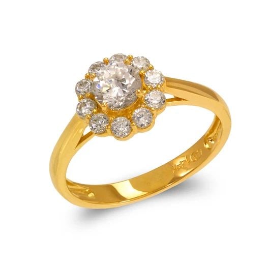 NEW 14K YELLOW GOLD LADIES FANCY SOLITAIRE FLOWER HALO RING: NEW 14K YELLOW GOLD LADIES FANCY SOLITAIRE FLOWER HALO RING LADIES FANCY SOLITAIRE FLOWER HALO RING NEW 14K YELLOW GOLD Apx. SIZE: 5mm Apx. WEIGHT: 2.6g