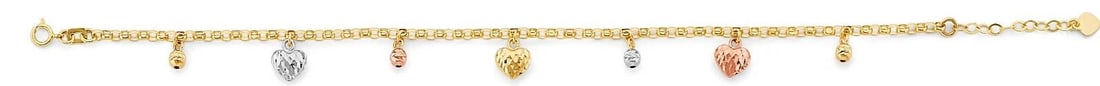 NEW 14K TRI COLOR GOLD HEART & BALL CHARM BRACELET: NEW 14K TRI COLOR GOLD HEART & BALL CHARM BRACELET HEART & BALL CHARM BRACELET NEW 14K TRI COLOR GOLD LENGTH - 7+1in Apx WEIGHT - 2.6g