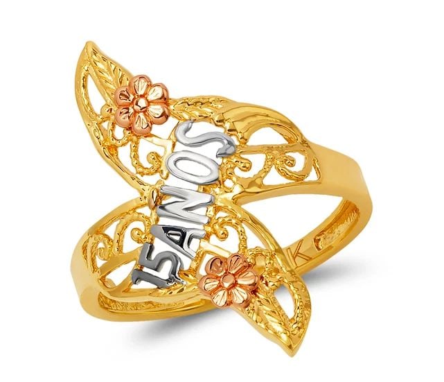 NEW 14K TRICOLOR GOLD LADIES 15 ANOS FILIGREE RING: NEW 14K TRICOLOR GOLD LADIES 15 ANOS FILIGREE RING LADIES 15 ANOS FILIGREE RING NEW 14K TRICOLOR GOLD SIZE Apx: 25mm Apx. WEIGHT: 2.6g
