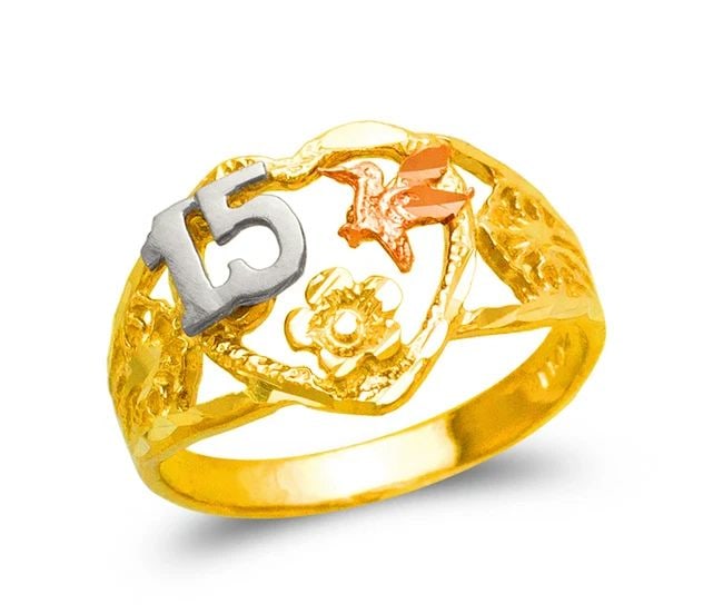 NEW 14K TRICOLOR GOLD LADIES 15 ANOS HEART FILIGREE RING: NEW 14K TRICOLOR GOLD LADIES 15 ANOS HEART FILIGREE RING LADIES 15 ANOS HEART FILIGREE RING NEW 14K TRICOLOR GOLD SIZE Apx: 12mm Apx. WEIGHT: 2.6g