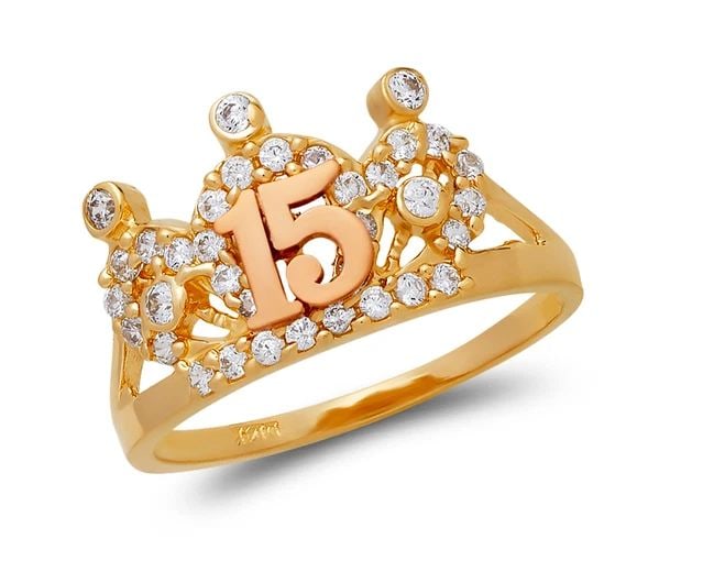 NEW 14K TWO TONE GOLD KIDS TWO FINGER RING: NEW 14K TWO TONE GOLD LADIES 15 ANOS CROWN RING LADIES 15 ANOS CROWN RING NEW 14K TWO TONE GOLD Apx. WIDTH: 11mm Apx. WEIGHT: 2.6g