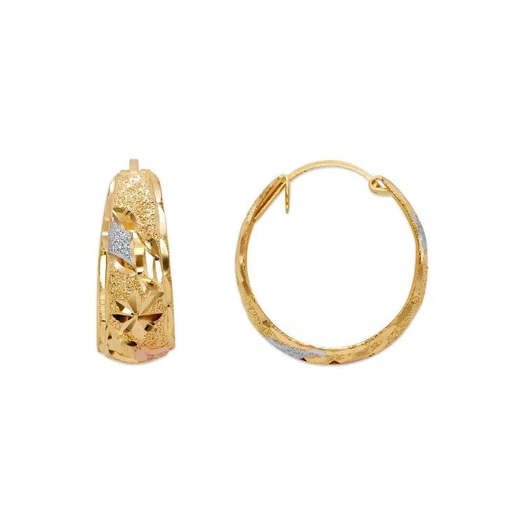 NEW 14K TRICOLOR GOLD D/C HUGGIE EARRINGS: NEW 14K TRICOLOR GOLD D/C HUGGIE EARRINGS D/C HUGGIE EARRINGS NEW 14K TRICOLOR GOLD Width: Approx. 8x20mm Apx WEIGHT: 2.6g