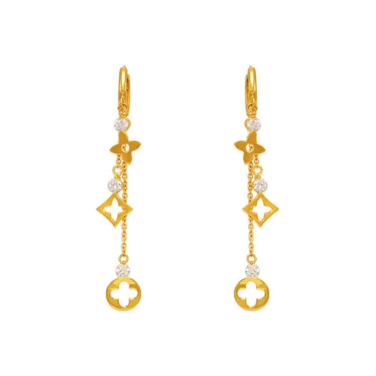 NEW 14K YELLOW GOLD FANCY DESIGN DANGLING EARRINGS: NEW 14K YELLOW GOLD FANCY DESIGN DANGLING EARRINGSFANCY DESIGN DANGLING EARRINGSNEW 14KYELLOW GOLDWidth: Approx. 12x53mmApx WEIGHT: 2.6g