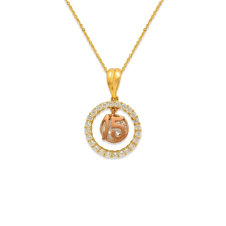 NEW 14K TWO TONE GOLD FANCY 15 ANOS PENDANT: NEW 14K TWO TONE GOLD FANCY 15 ANOS PENDANTFANCY 15 ANOS PENDANTNEW 14KTWO TONE GOLDApx. WIDTH: 14x47mmApx WEIGHT: 2.6g