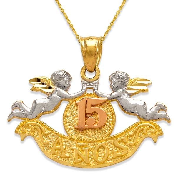 NEW 14K TRICOLOR GOLD 15 ANOS DOVES PENDANT: NEW 14K TRICOLOR GOLD 15 ANOS DOVES PENDANT15 ANOS DOVES PENDANTNEW 14KTRICOLOR GOLDApx. WIDTH: 30x18mmApx WEIGHT: 2.6g