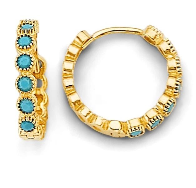 NEW 14K YELLOW GOLD ROUND TURQUOISE HUGGIES EARRINGS: NEW 14K YELLOW GOLD ROUND TURQUOISE HUGGIES EARRINGSROUND TURQUOISE HUGGIES EARRINGSNEW 14K YELLOW GOLDHEIGHT - 15 mmWIDTH - 15 mmApx WEIGHT - 1.9 g