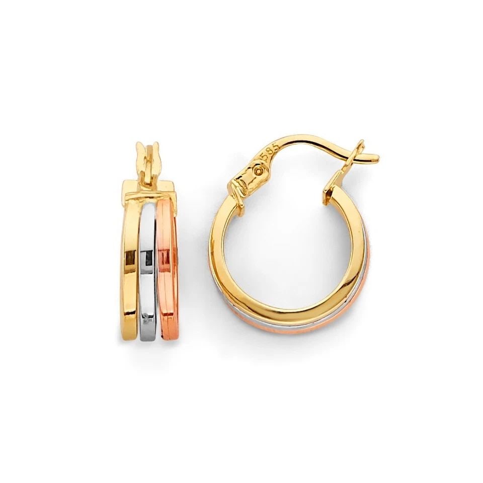 NEW 14K TRI COLOR GOLD 3 LINE HOOP EARRINGS: NEW 14K TRI COLOR GOLD 3 LINE HOOP EARRINGS3 LINE HOOP EARRINGSNEW 14KTRI COLOR GOLDHEIGHT - 15 mmWIDTH - 13 mmApx WEIGHT - 1.9 g