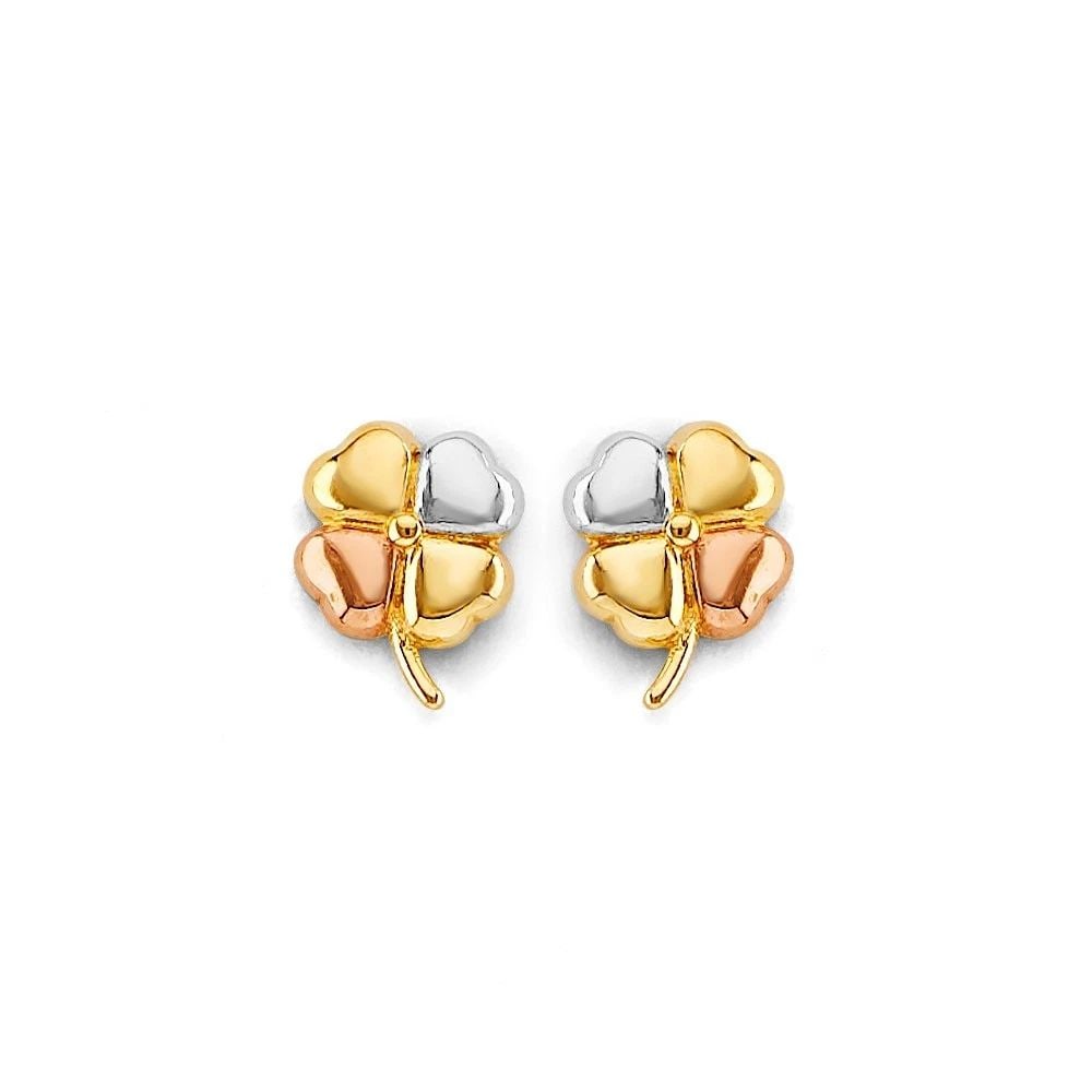 NEW 14K TRI COLOR GOLD CLOVER PUSH BACK EARRINGS: NEW 14K TRI COLOR GOLD CLOVER PUSH BACK EARRINGSCLOVER PUSH BACK EARRINGSNEW 14KTRI COLOR GOLDHEIGHT - 10 mmWIDTH - 8 mmApx WEIGHT - 1.9 g
