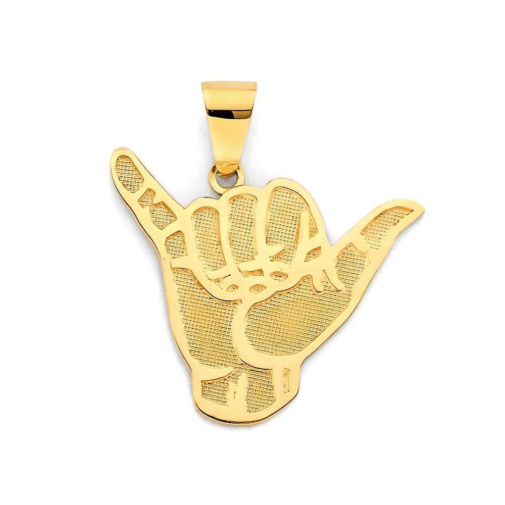 NEW 14K YELLOW GOLD HANG LOOSE SIGN PENDANT: NEW 14K YELLOW GOLD HANG LOOSE SIGN PENDANTHANG LOOSE SIGN PENDANTNEW 14KYELLOW GOLDHeight : 28 mmWidth : 25 mmApx. WEIGHT : 2.5g
