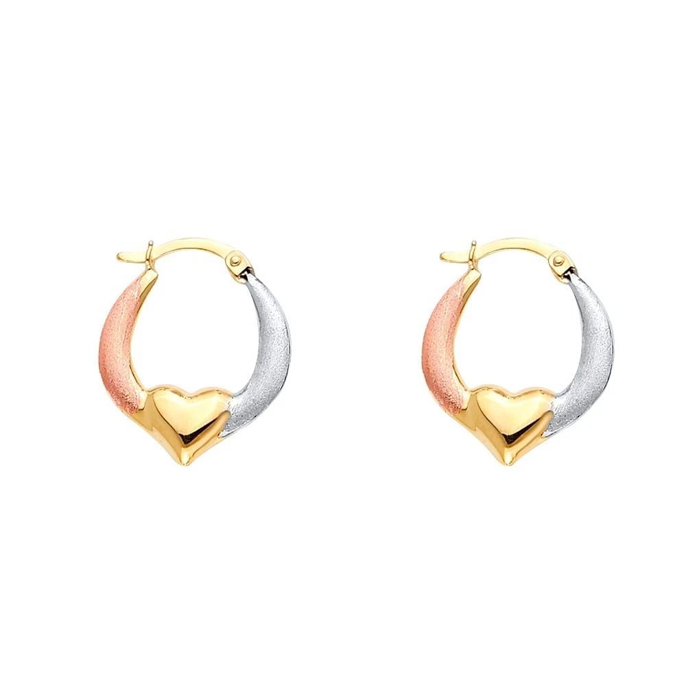 NEW 14K TRI COLOR GOLD DOUBLE FACE HEART DESIGN HOLLOW EARRINGS: NEW 14K TRI COLOR GOLD DOUBLE FACE HEART DESIGN HOLLOW EARRINGSDOUBLE FACE HEART DESIGN HOLLOW EARRINGSNEW 14KTRI COLOR GOLDHEIGHT - 17 mmWIDTH - 17 mmApx WEIGHT - 1.9 g