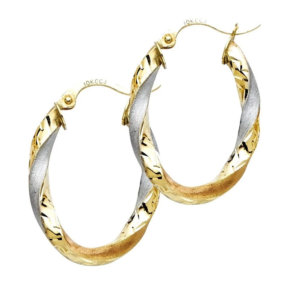NEW 14K TRI COLOR GOLD CURLED HOLLOW OVAL HOOP EARRINGS: NEW 14K TRI COLOR GOLD CURLED HOLLOW OVAL HOOP EARRINGSCURLED HOLLOW OVAL HOOP EARRINGSNEW 14KTRI COLOR GOLDHEIGHT - 25 mmWIDTH - 17 mmApx WEIGHT - 1.9 g