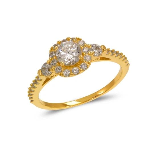 NEW 14K YELLOW GOLD LADIES FANCY SOLITAIRE HALO RING: NEW 14K YELLOW GOLD LADIES FANCY SOLITAIRE HALO RINGLADIES FANCY SOLITAIRE HALO RINGNEW 14KYELLOW GOLDApx. SIZE: 5mmApx. WEIGHT: 2.5g