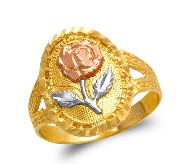 NEW 14K TRICOLOR GOLD LADIES ROSE FILIGREE RING: NEW 14K TRICOLOR GOLD LADIES ROSE FILIGREE RINGLADIES ROSE FILIGREE RINGNEW 14KTRICOLOR GOLDSIZE Apx: 17mmApx. WEIGHT: 2.5g