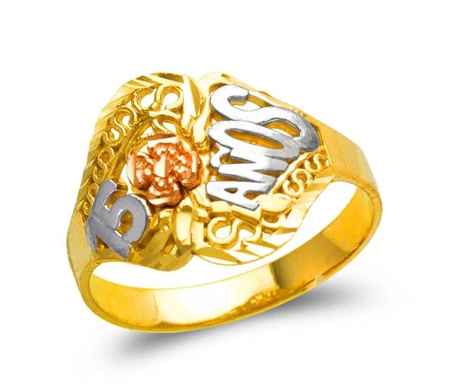 NEW 14K TRICOLOR GOLD LADIES 15 ANOS FILIGREE RING: NEW 14K TRICOLOR GOLD LADIES 15 ANOS FILIGREE RINGLADIES 15 ANOS FILIGREE RINGNEW 14KTRICOLOR GOLDSIZE Apx: 13mmApx. WEIGHT: 2.5g