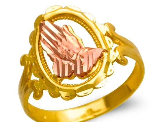 NEW 14K TWO TONE GOLD LADIES PRAYING HANDS FILIGREE RING (1 of 2)