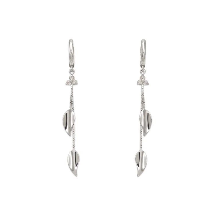 NEW 14K WHITE GOLD FANCY DOUBLE LEAF DANGLING EARRINGS: NEW 14K WHITE GOLD FANCY DOUBLE LEAF DANGLING EARRINGSFANCY DOUBLE LEAF DANGLING EARRINGSNEW 14KWHITE GOLDWidth: Approx. 12x52mmApx WEIGHT: 2.5g