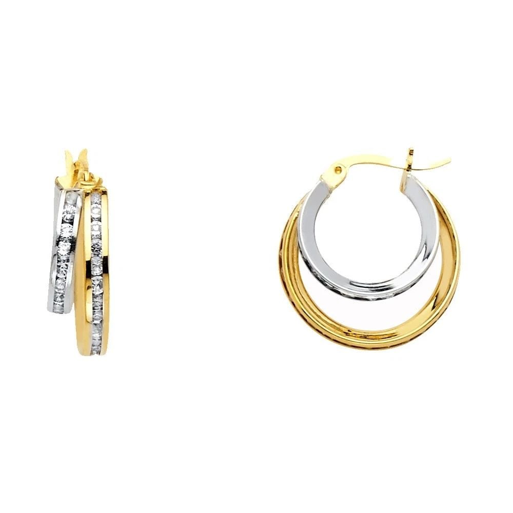 NEW 14K TWO TONE GOLD ROUND CHANNEL 2L HOOP EARRINGS (1 of 2)