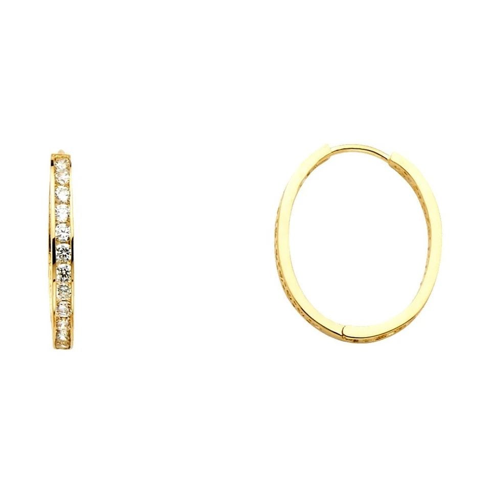 NEW 14K YELLOW GOLD ROUND CHANNEL OVAL HOOP EARRINGS (1 of 1)
