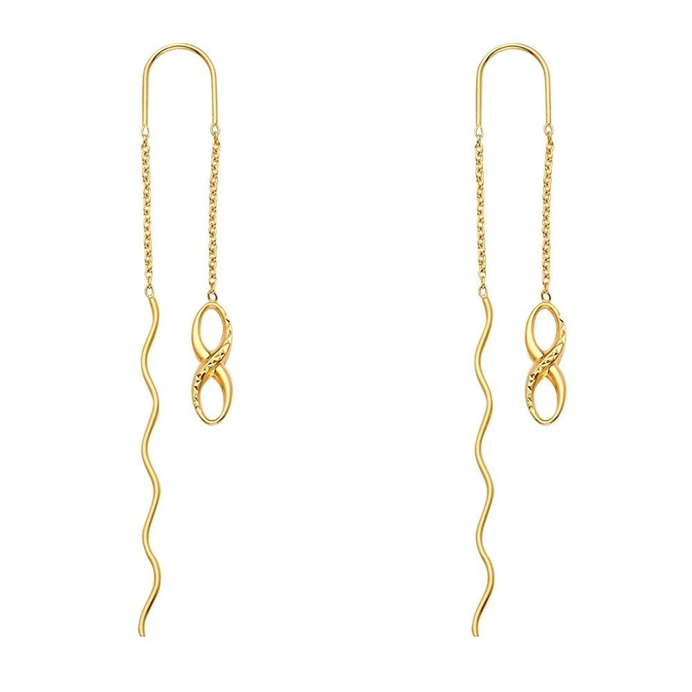 NEW 14K YELLOW GOLD INFINITY FRONT & BACK DANGLE EARRINGS: NEW 14K YELLOW GOLD INFINITY FRONT & BACK DANGLE EARRINGSINFINITY FRONT & BACK DANGLE EARRINGSNEW 14K YELLOW GOLDHEIGHT - 70 mmWIDTH - 5 mmApx WEIGHT - 1.8 g